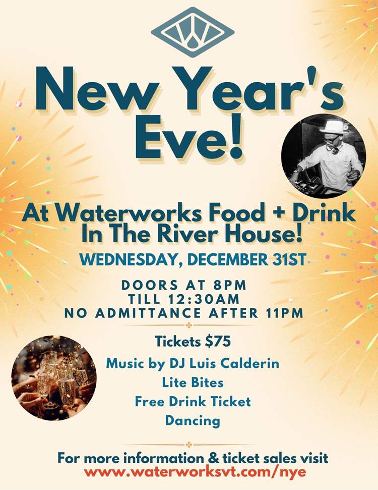 Promotional flyer for NYE celebration at Waterworks Food + Drink in the Riverhouse
