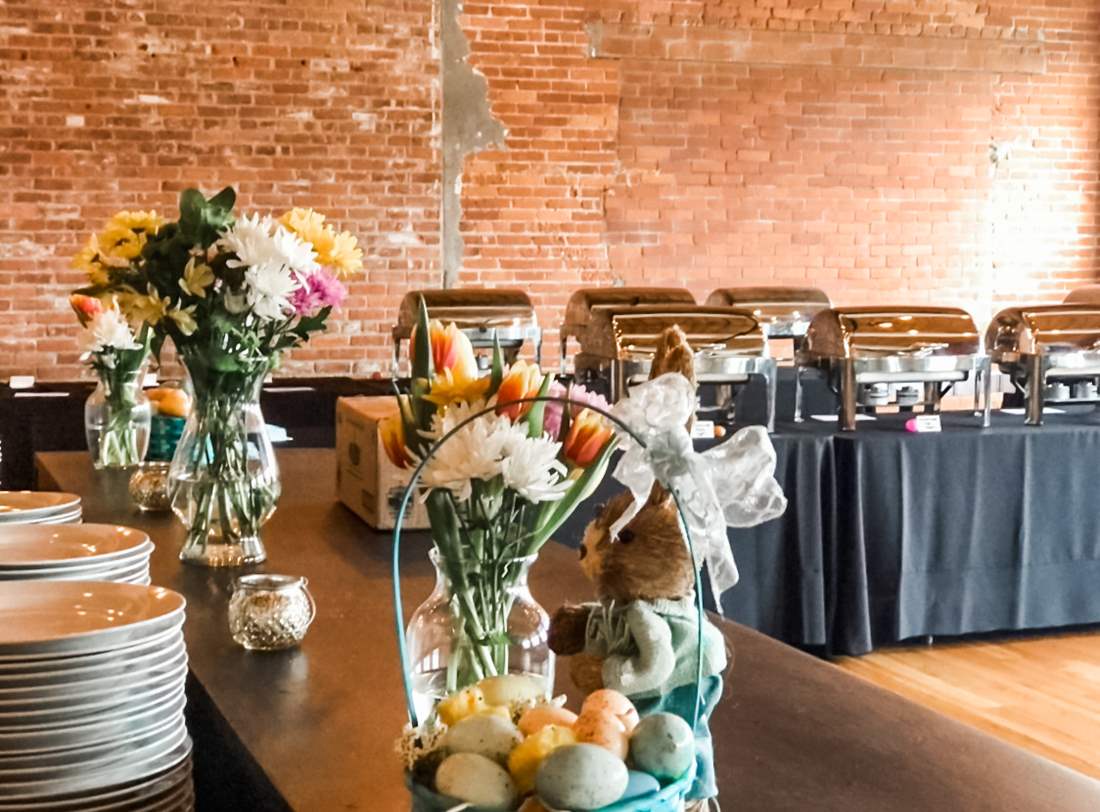 Easter brunch buffet setup in Waterworks' River House