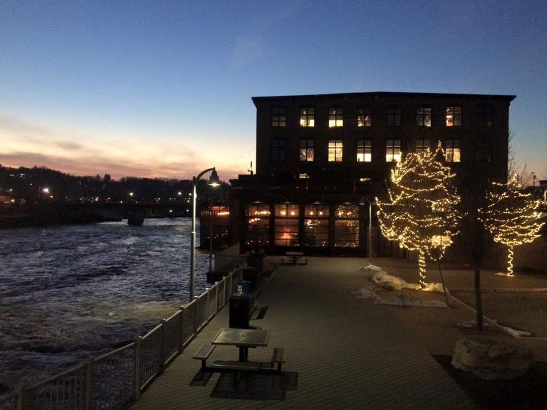 View of the Champlain Mill at sunset