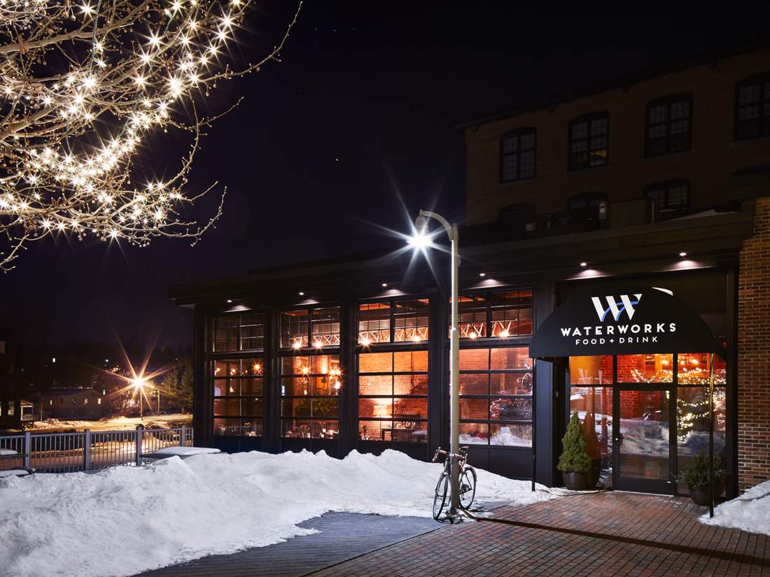 Waterworks entrance on a snowy night