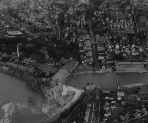Bird's eye view of the Winooski River and the Champlain Mill in Winooski in 1912