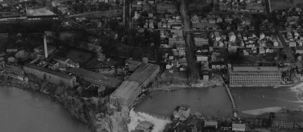 Bird's eye view of the Winooski River and the Champlain Mill in Winooski in 1912