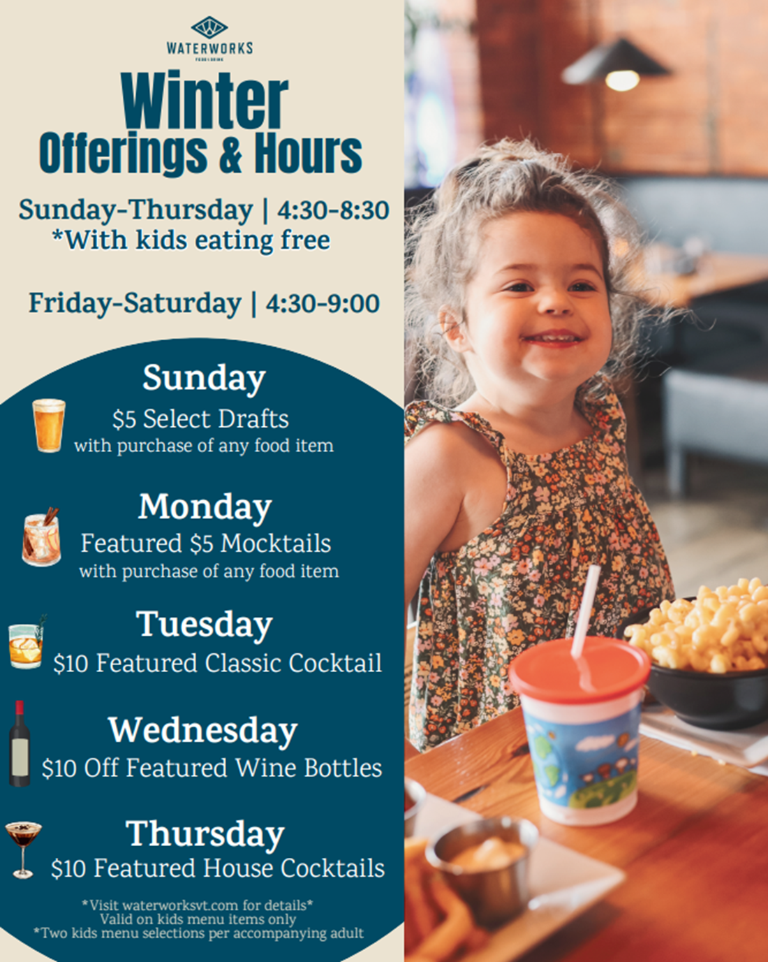 Winter hours Sunday-Thursday and daily bar + food deals